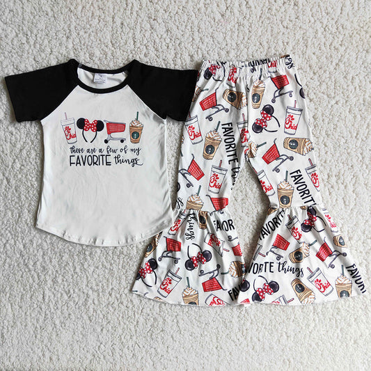 Snacks black raglan top bell bottom pants sets