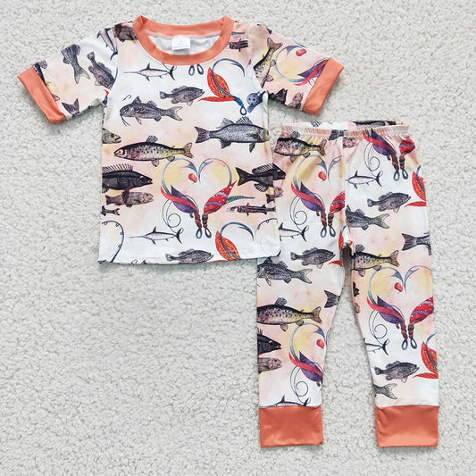 Baby Boys fishing orange pajamas sets