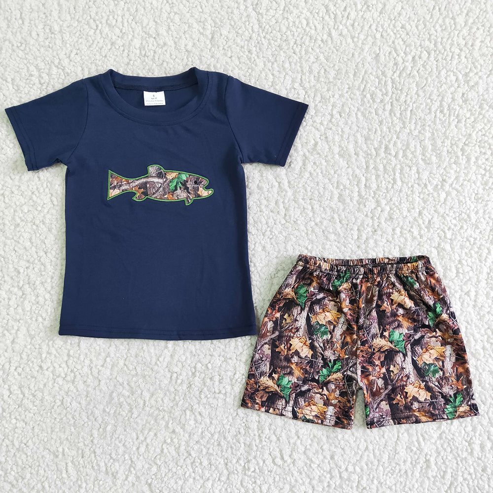 Baby boys summer camo fish shorts sets(embroidered)