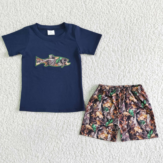 Baby boys summer camo fish shorts sets(embroidered)