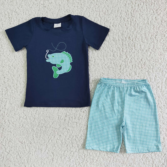 Baby boys fishing embroidered shorts sets