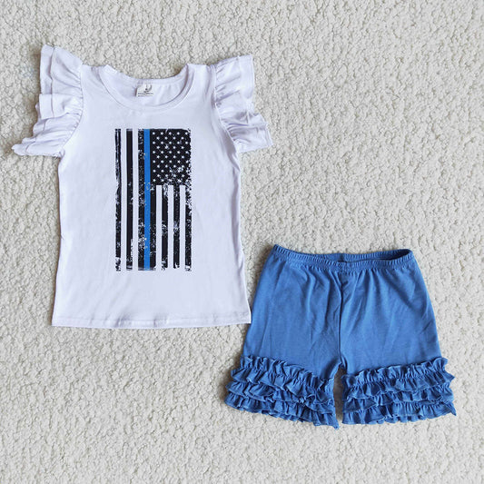 Baby girls summer flag blue icing ruffle shorts sets