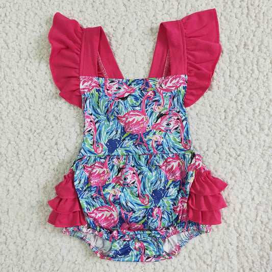 Baby girls flamingo floral ruffle romper bubbles