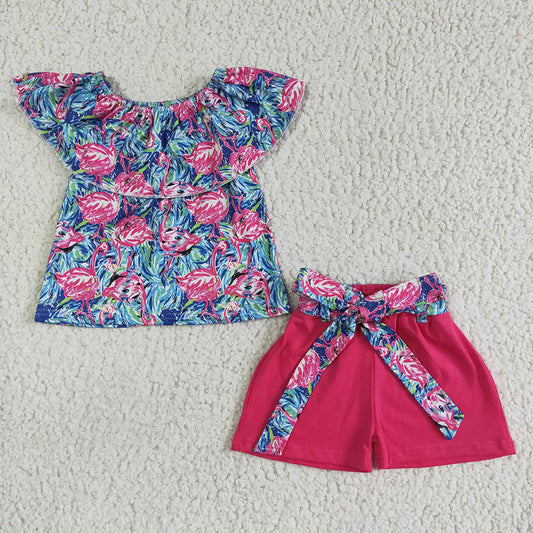 Baby girls flamingo pom pom floral shorts sets