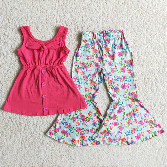 Hotpink bow tunic floral bell bottom pants sets