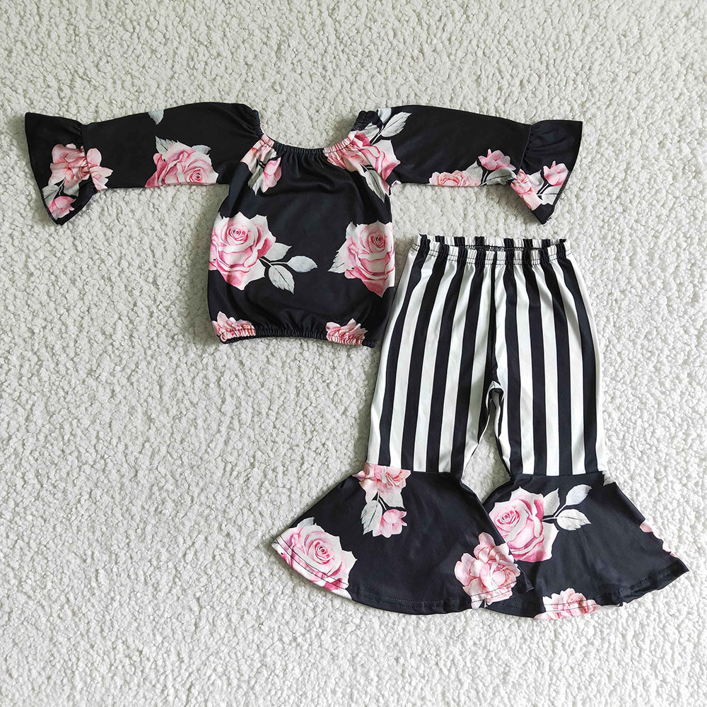 Baby girls black floral off shoulder bell pants sets