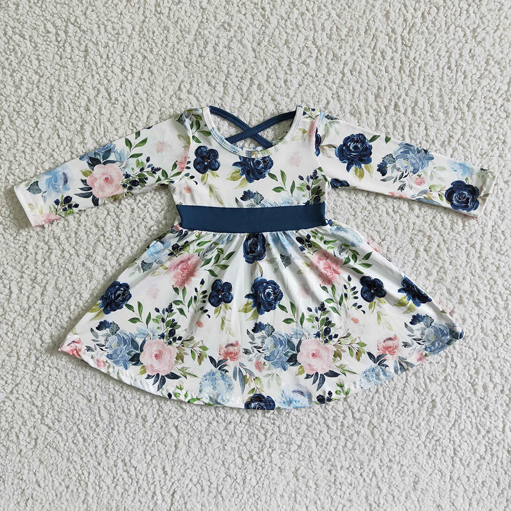 Baby girls navy floral belt knee length dresses