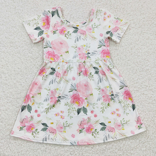 Baby Girls Pink Flowers Short Sleeve Knee Length Dresses