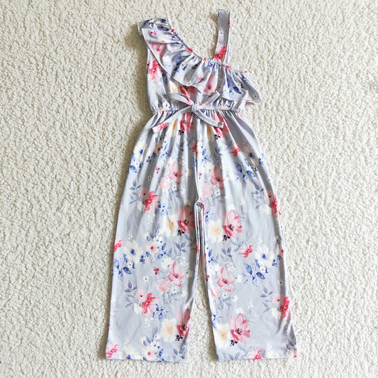 Baby girls blue floral one shoulder long pants jumpsuits 2