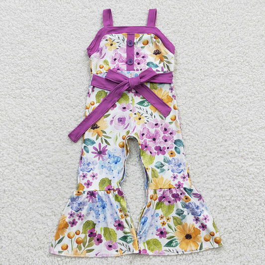 Baby Girls Purple Flowers Strap Bell Bottom Jumpsuits