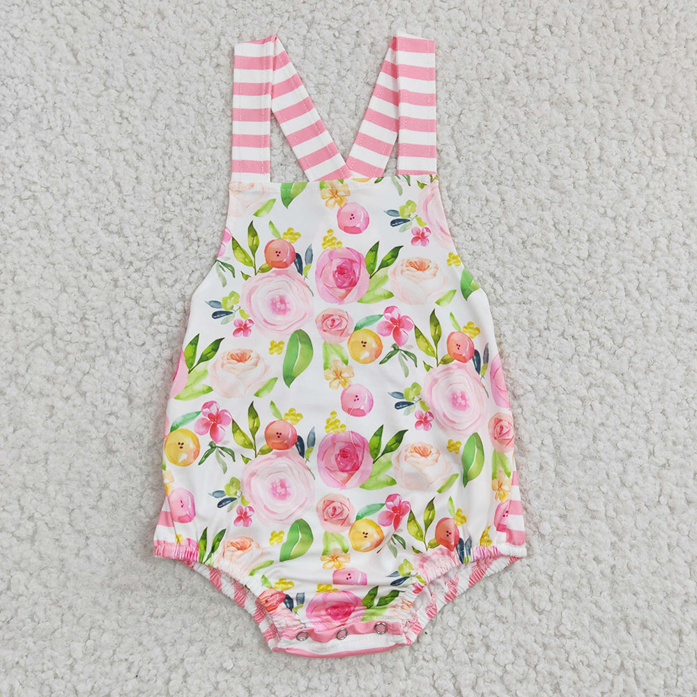 Baby Girls Pink Flowers Summer Strap Rompers