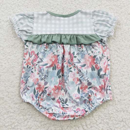 Baby Girls Green Floral Plaid Short Sleeve Summer rompers
