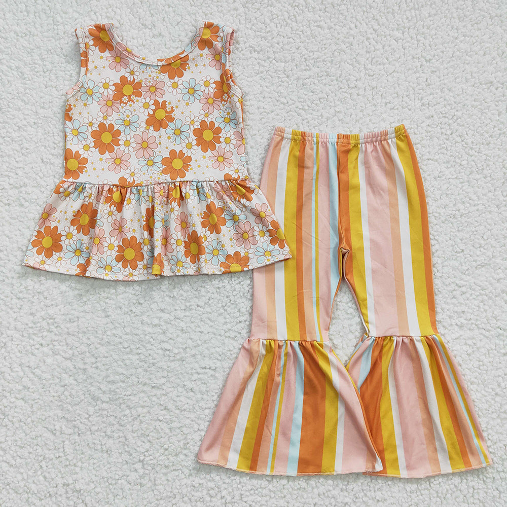 Baby Girls Sunflower Stripe Bell Pants Clothes Sets（can choose headband here）