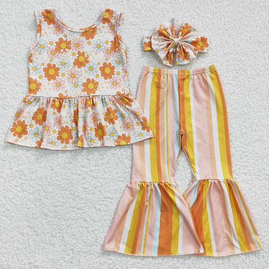 Baby Girls Sunflower Stripe Bell Pants Clothes Sets（can choose headband here）