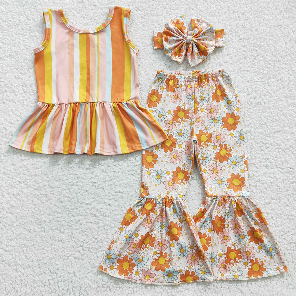 Baby Girls Stripe Sunflower Bell Pants Clothes Sets(can choose headband here)