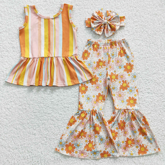 Baby Girls Stripe Sunflower Bell Pants Clothes Sets(can choose headband here)