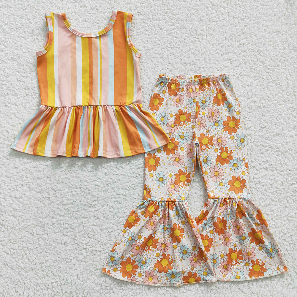 Baby Girls Stripe Sunflower Bell Pants Clothes Sets(can choose headband here)