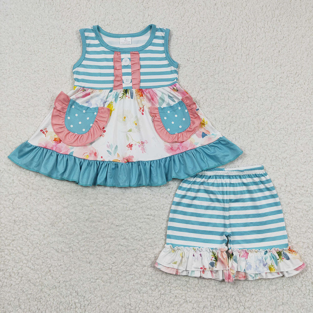 Baby Girls Summer Blue Stripe Flowers Tunic Ruffle Shorts Clothes