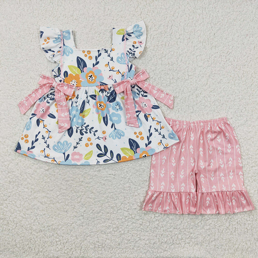Baby Girls Summer Flowers Bows Tunic Ruffle Shorts Clothes