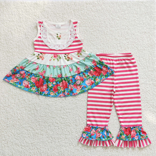 Girls Baby Sleeveless Floral Pink Stripe Tunic Capris Outfits Sets