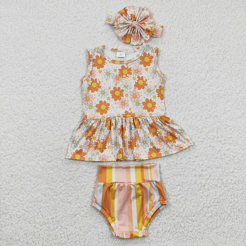 Baby Girls Flowers Print Stripe Bummie Clothes Sets