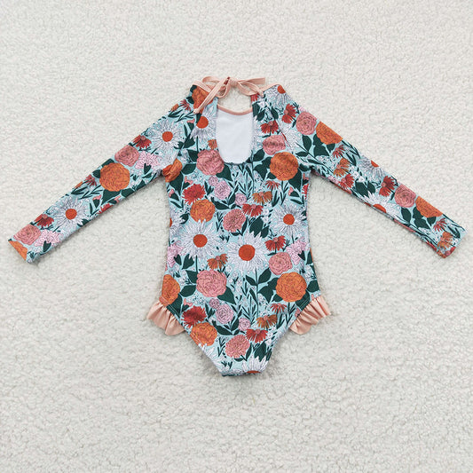 Baby Girls Orange Flowers Long Sleeve One Pieces Swimsuits
