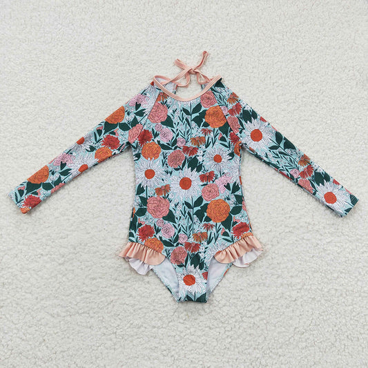 Baby Girls Orange Flowers Long Sleeve One Pieces Swimsuits