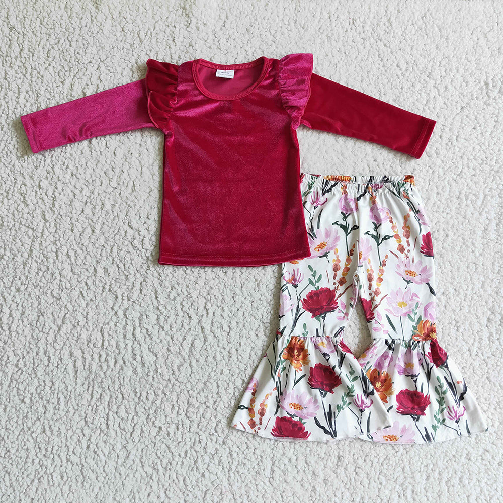 Baby girls fall wine velvet tops bell pants clothing sets