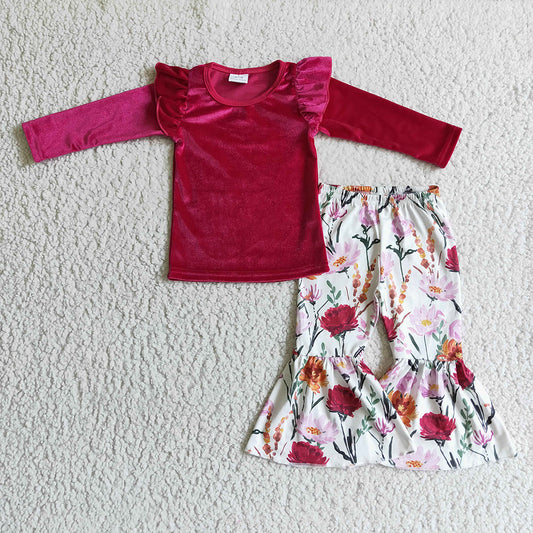 Baby girls fall wine velvet tops bell pants clothing sets