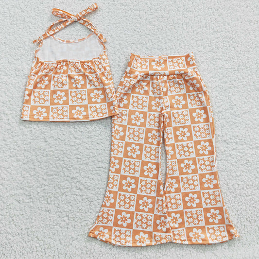 Baby Girls Orange Flowers Halter Strap Top Bell Bottom Pants Clothes Sets