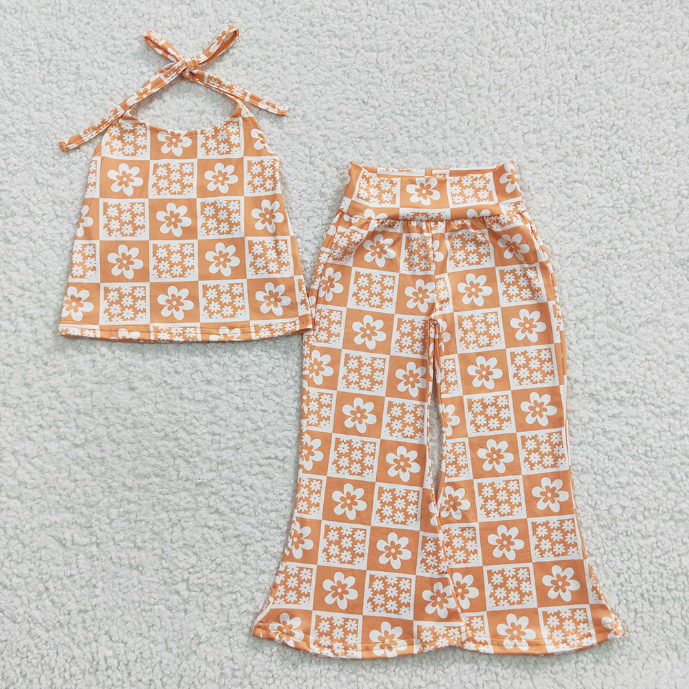 Baby Girls Orange Flowers Halter Strap Top Bell Bottom Pants Clothes Sets