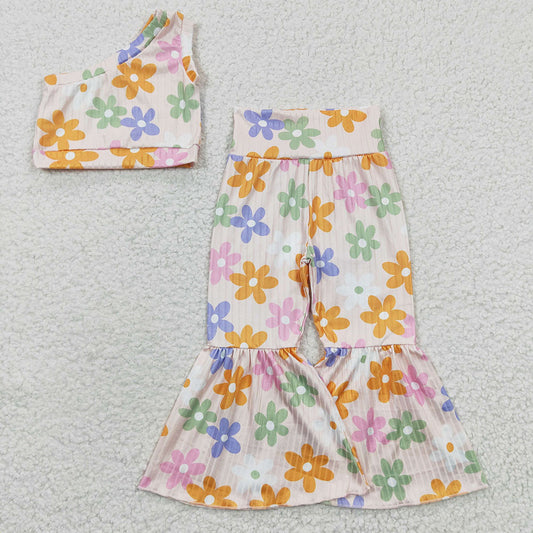 Baby Girls Colorful Flowers One Shoulder Top Bell Pants Outfits Clothes