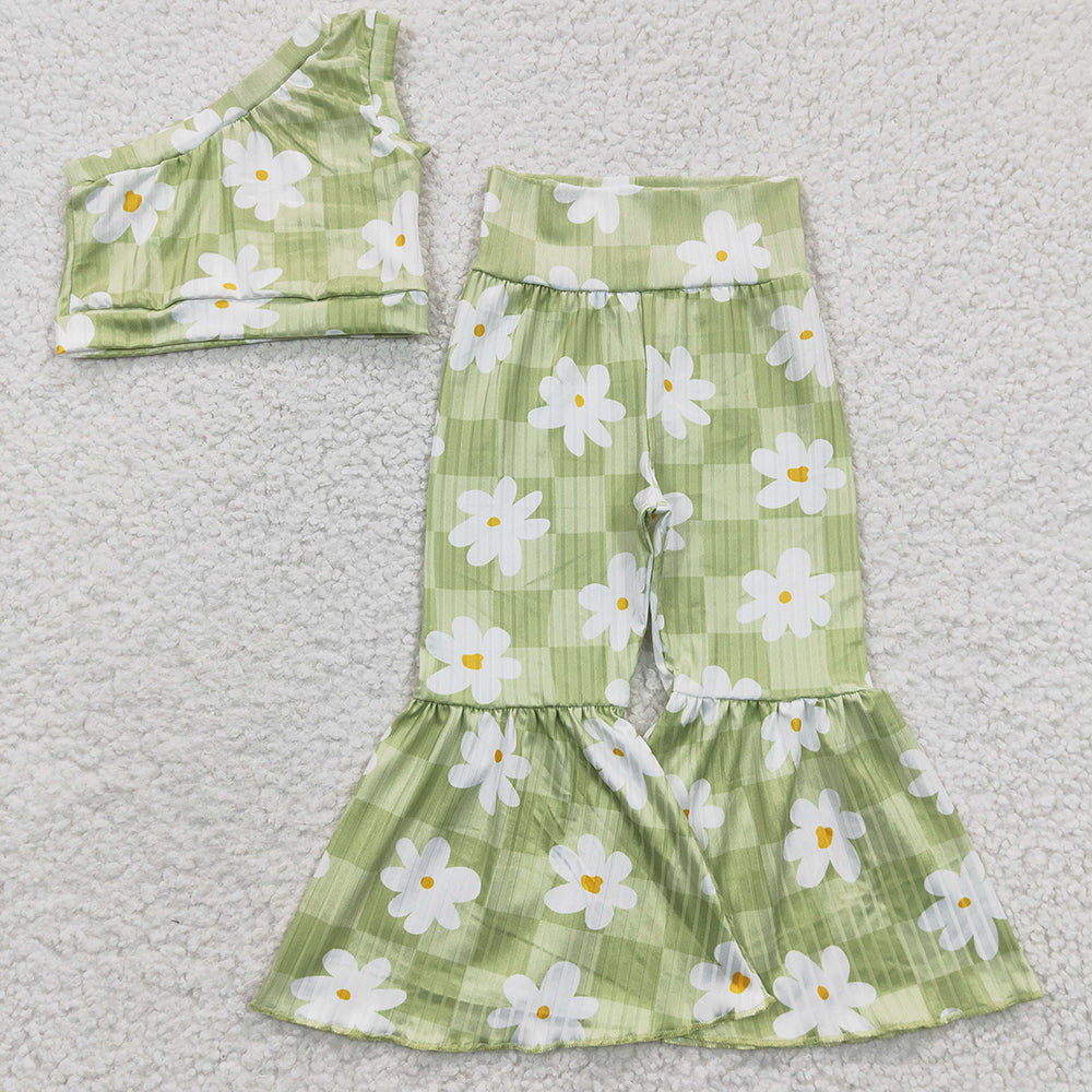 Baby Girls Green Flowers One Shoulder Top Bell Pants Outfits Clothes