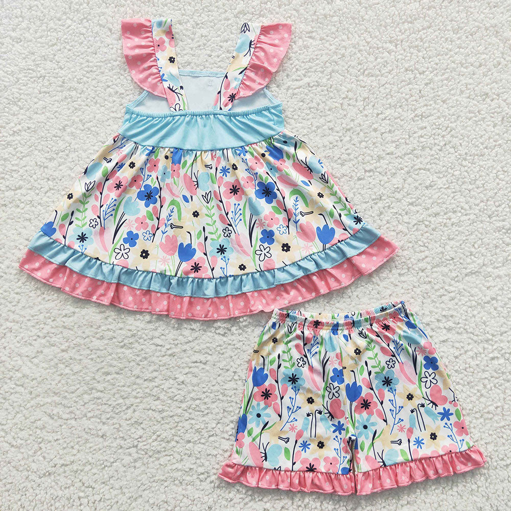 Baby Girls Summer Flowers Pearl Tunic Ruffle Shorts Clothes