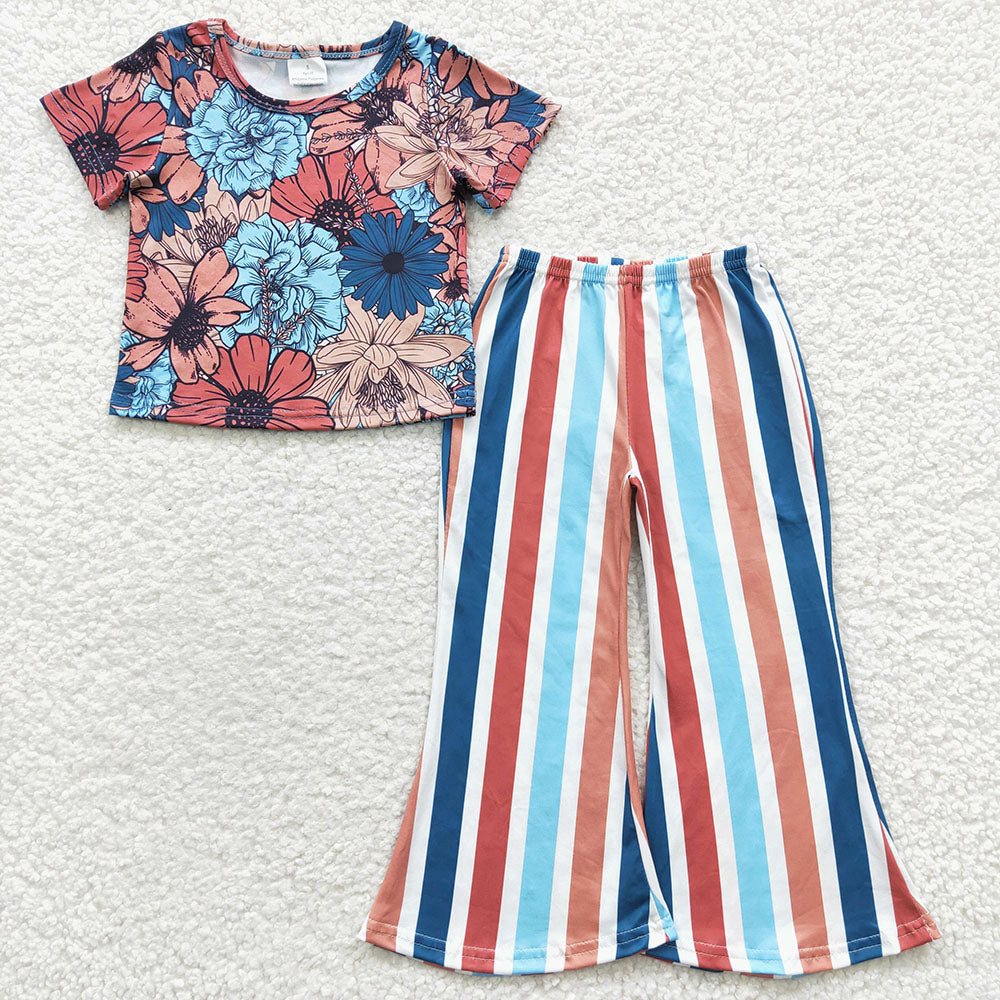 Baby Girls Flowers Top Stripe Bell Pants Outfits Clothes