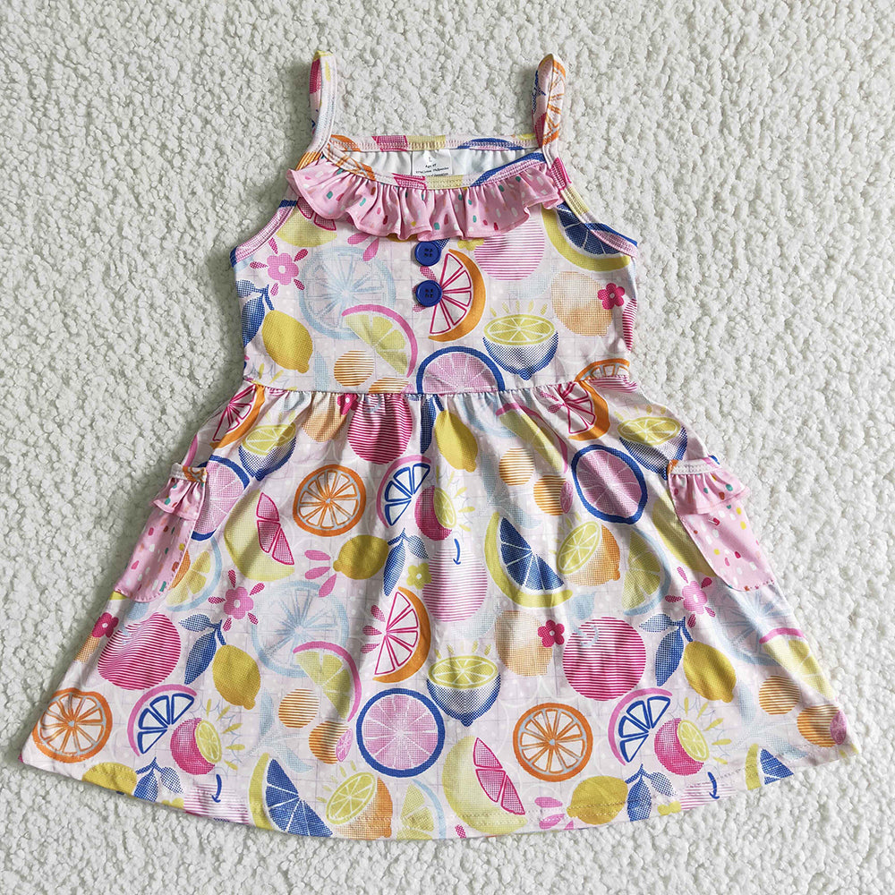 Baby girls summer strap fruit knee length ruffle dresses