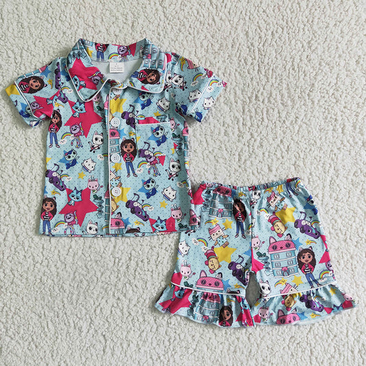 Baby girls green cartoon pocket shorts summer pajamas