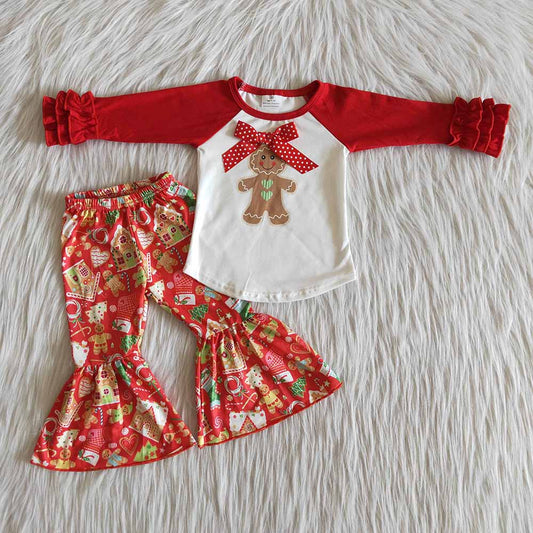 Gingerbread Baby girls Christmas red bell bottom pants sets