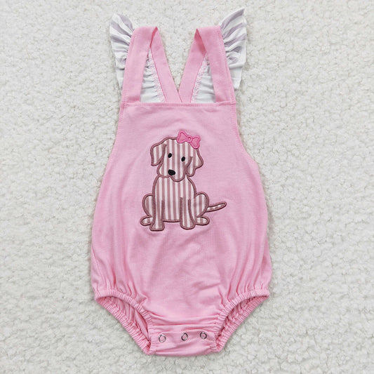 Embroidery Bows Dogs Baby Girls Strap Ruffle Rompers