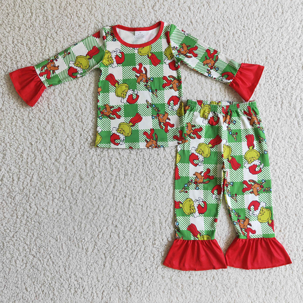 Baby girls Christmas plaid green bell pants sets