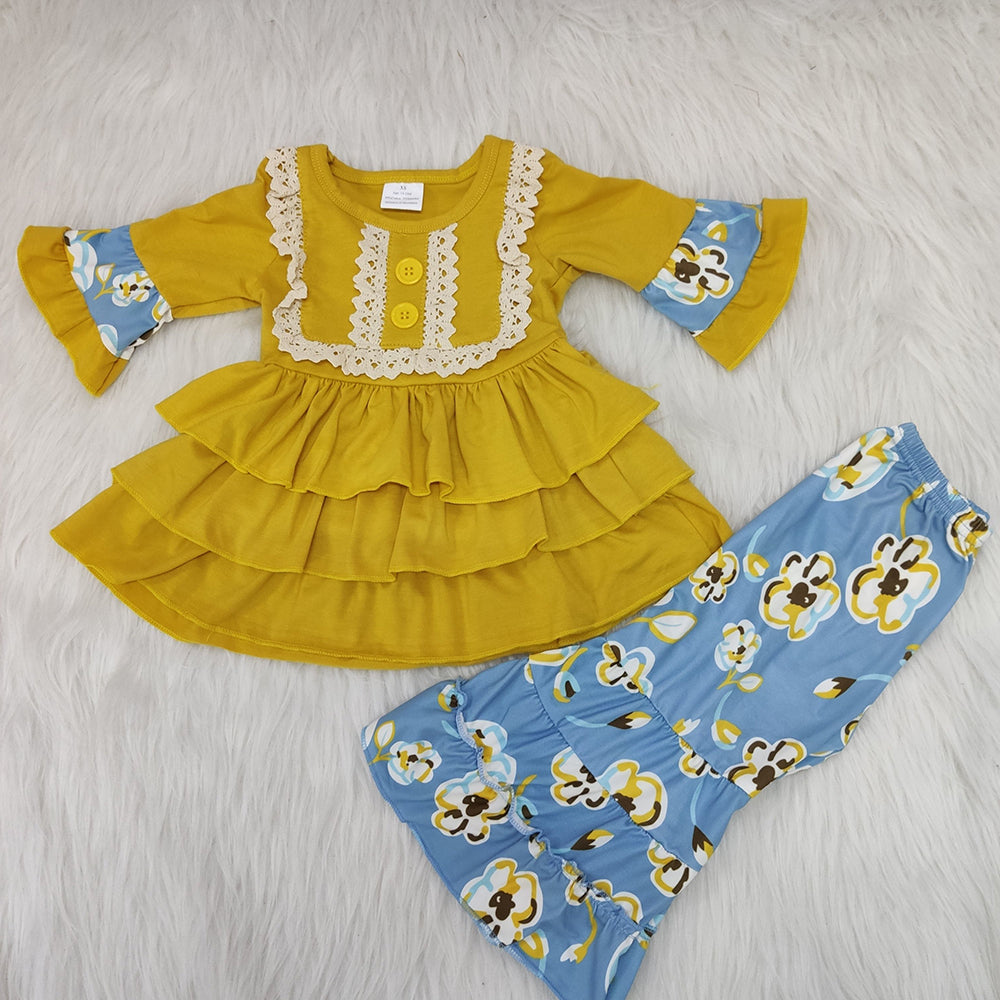 Mustard ruffle top bell bottom pants sets