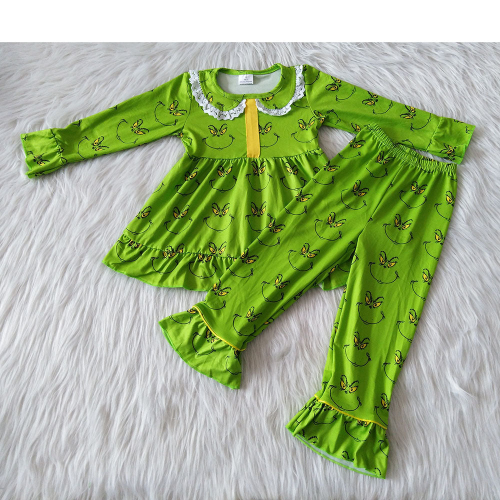 Baby girls Christmas smile face green color pajamas clothes sets