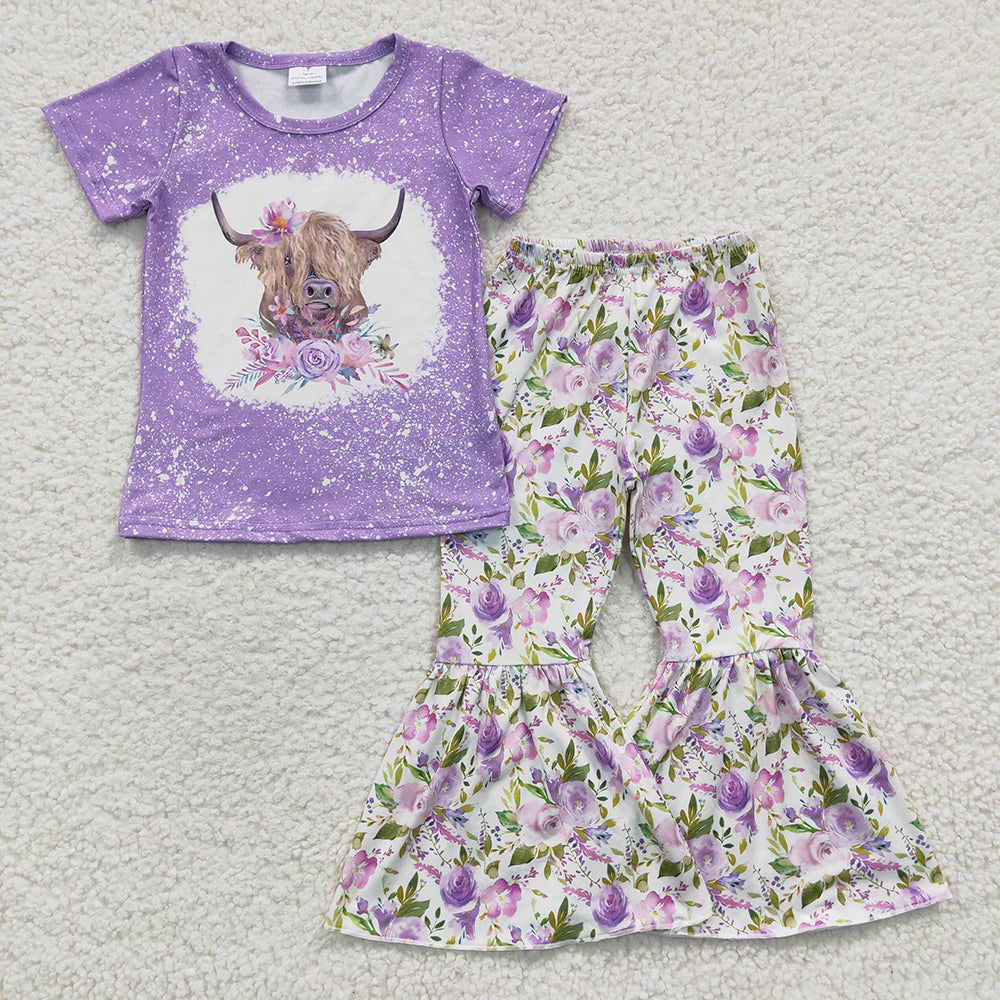 Baby Girls Purple Cow Flower Bell Pants Clothes Sets