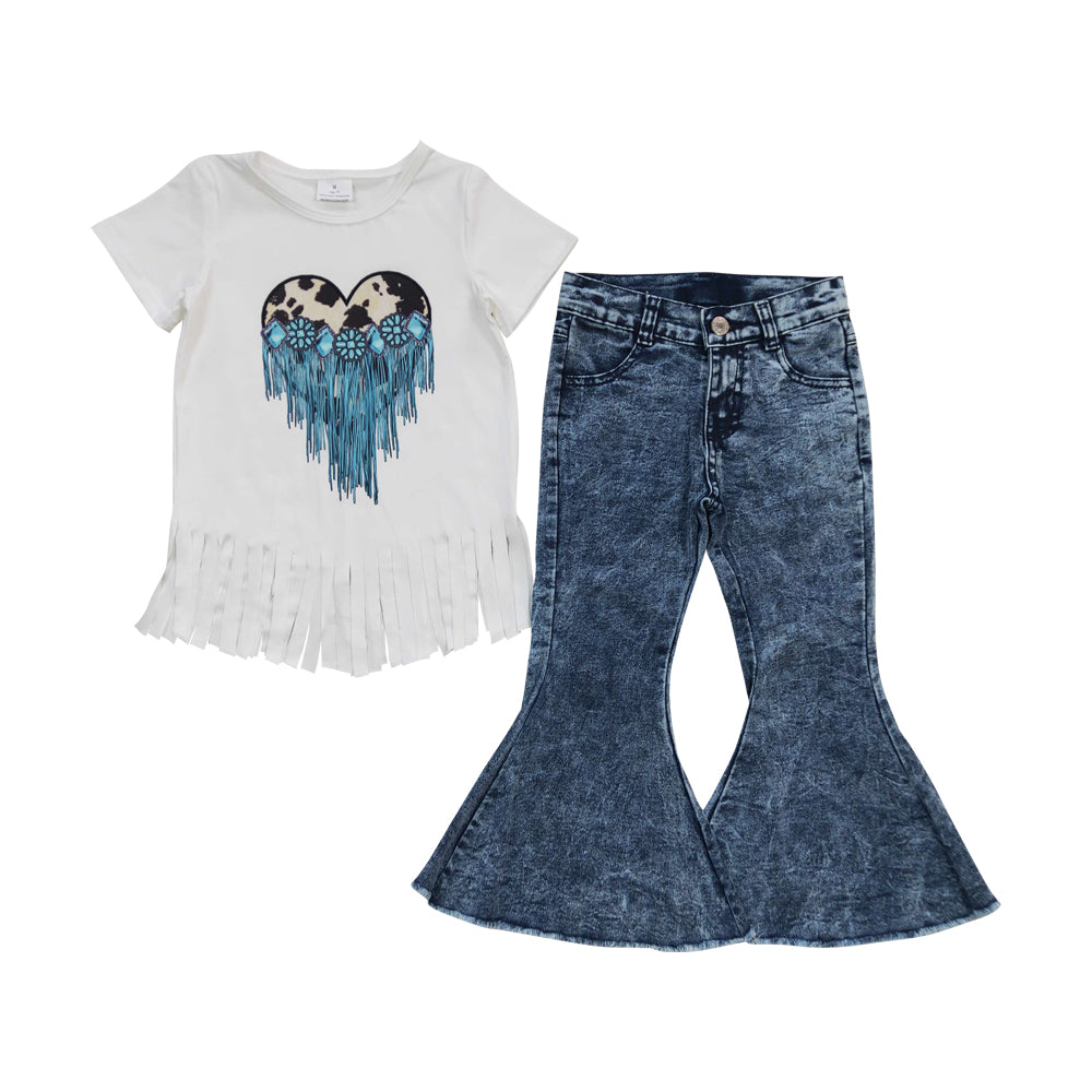 Baby Girls Heart Tassel Shirt Denim Pants clothes sets