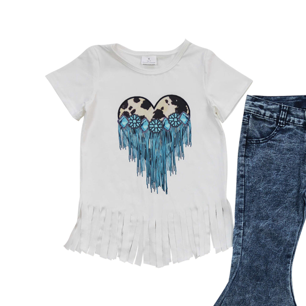 Baby Girls Heart Tassel Shirt Denim Pants clothes sets