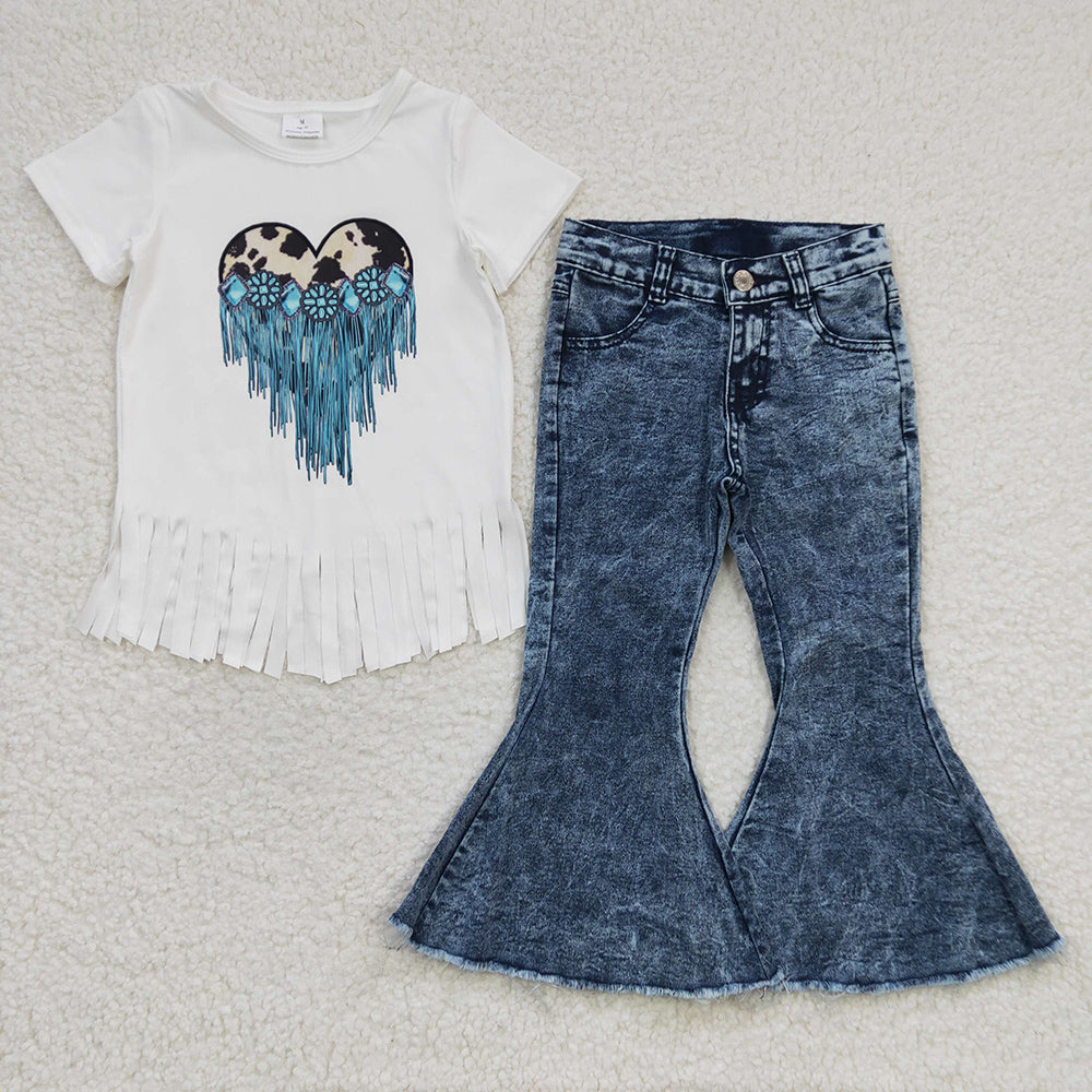 Baby Girls Heart Tassel Shirt Denim Pants clothes sets