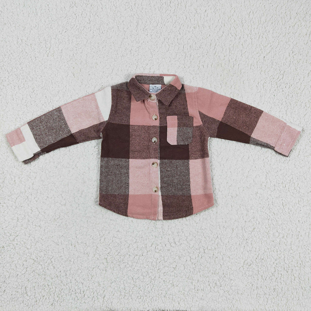 Baby Girls Pink Plaid Long Sleeve button ups Flannel shirts tops