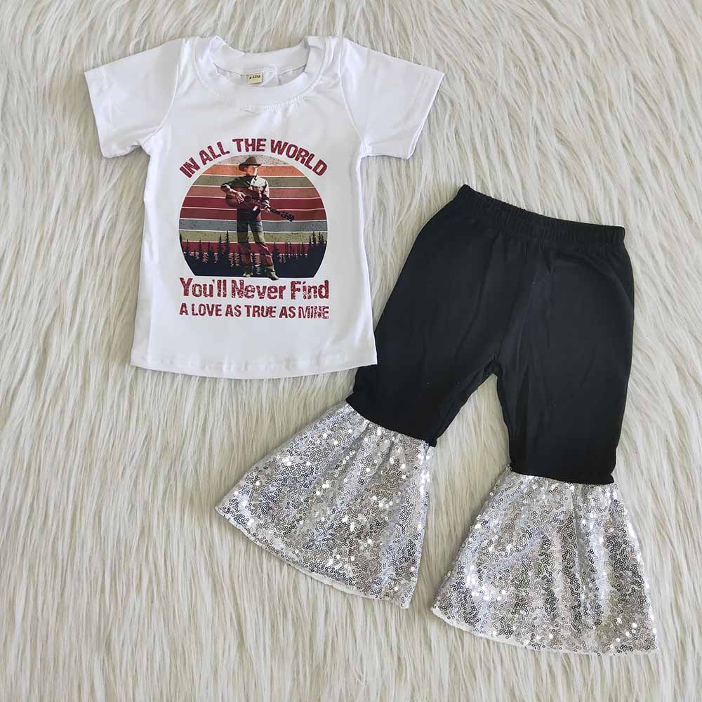 White shirt sing sequin bell bottom pants sets