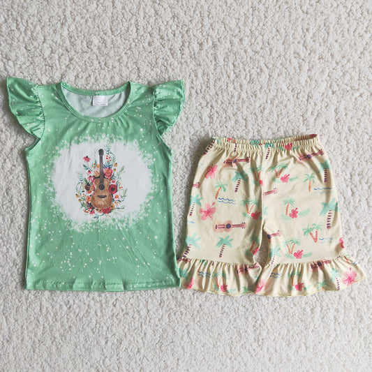 Green guitar puffy sleeves Shorts sets