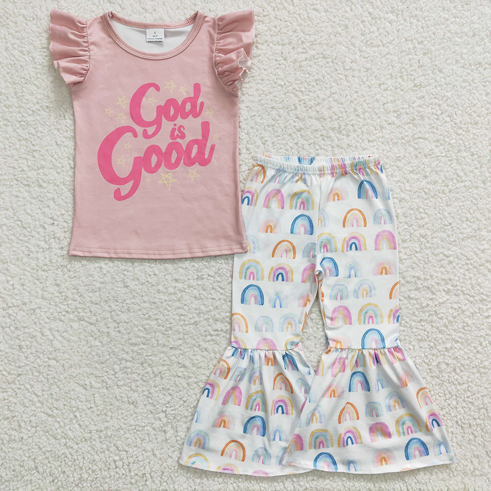 Baby Girls Pink God Good Rainbow Bell Pants Clothes Sets